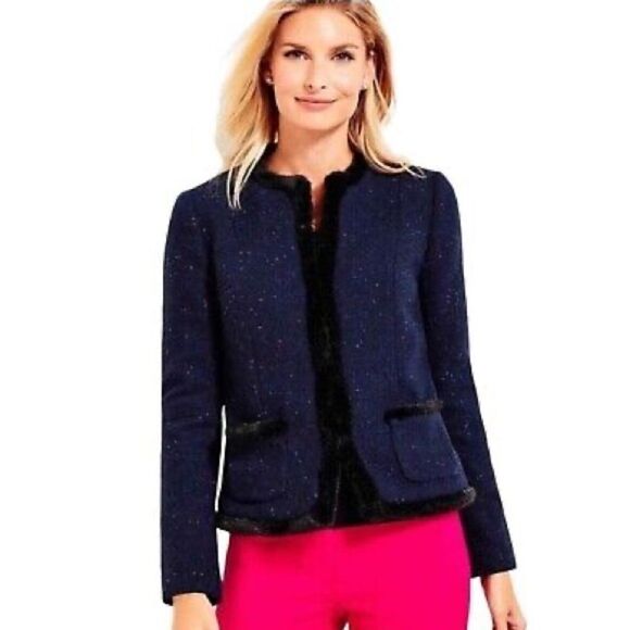 Talbots Wool Blend Fur Trimmed Jacket Blazer in Speckled Blue Size 2 - Picture 1 of 8